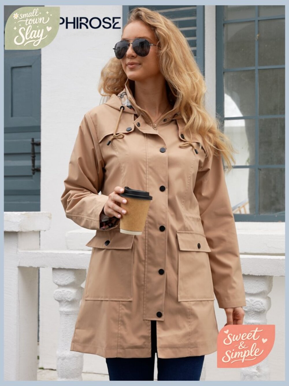 Women's Waterproof Rain Jacket Long Raincoat Windbreaker Trench Coat Hooded - Picture 7 of 7